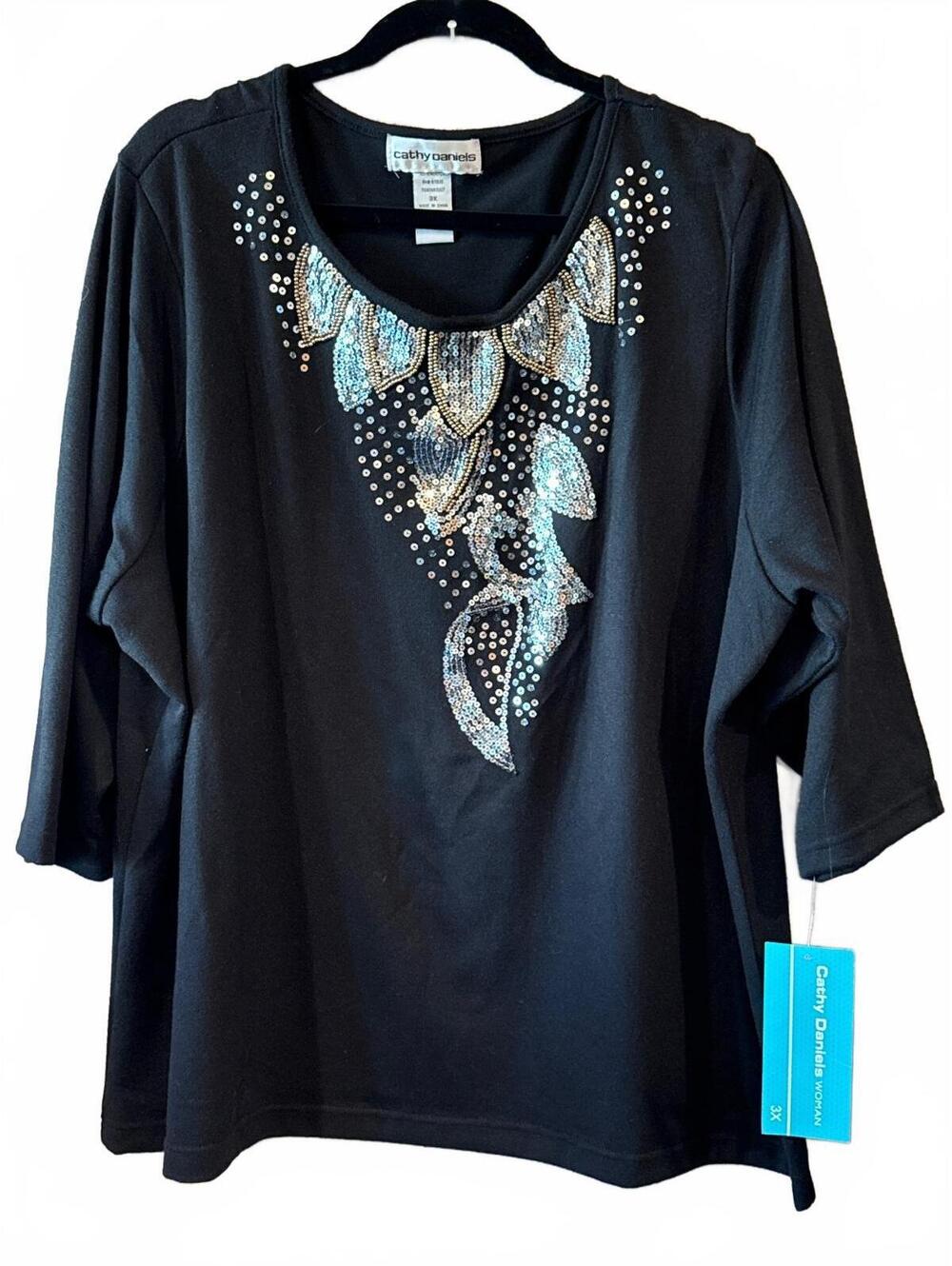 Cathy Daniels Women's Black 3X Embellished Sequin Blouse